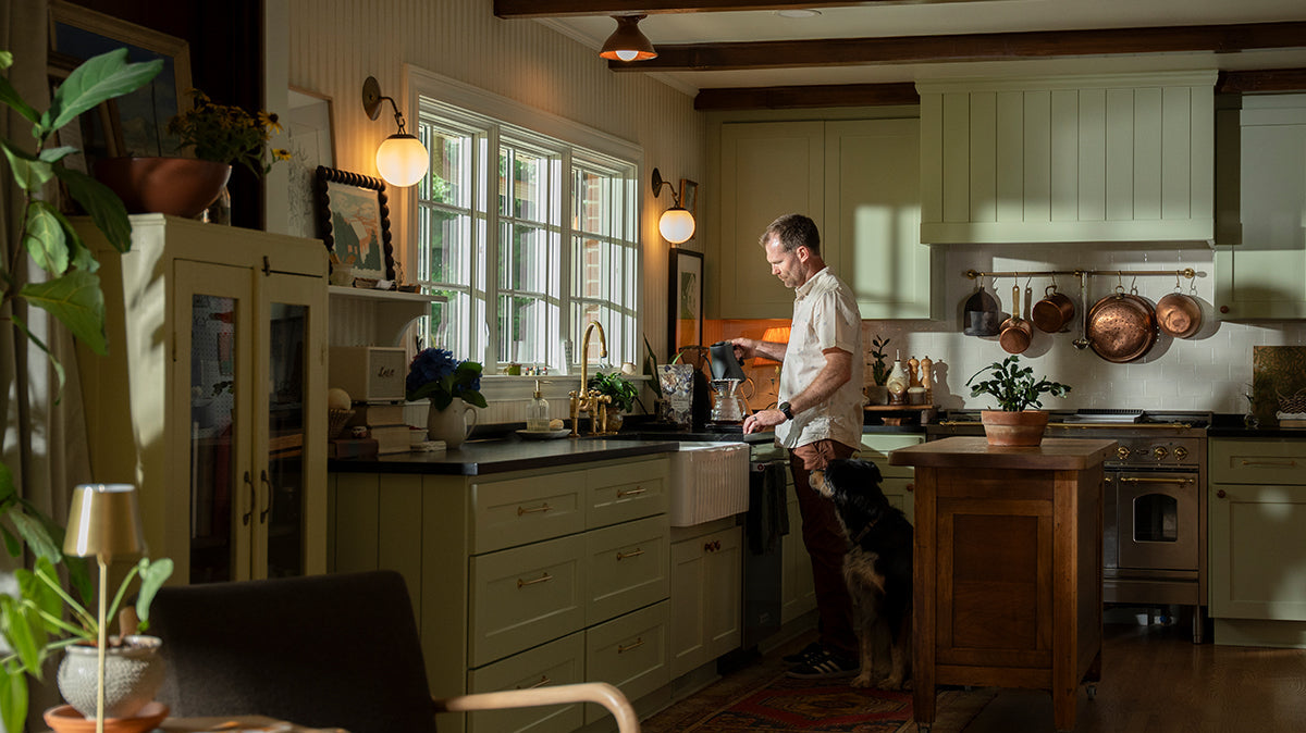 home coffee setup green kitchen