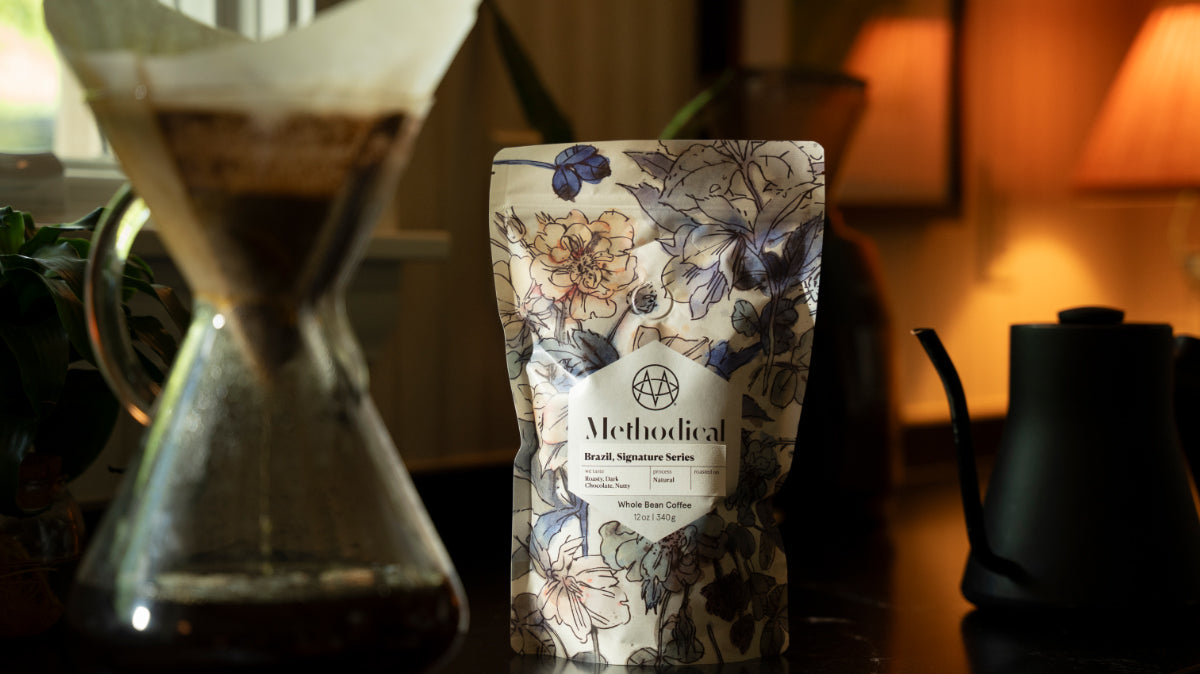 Bag of Methodical coffee and pour over brewing coffee