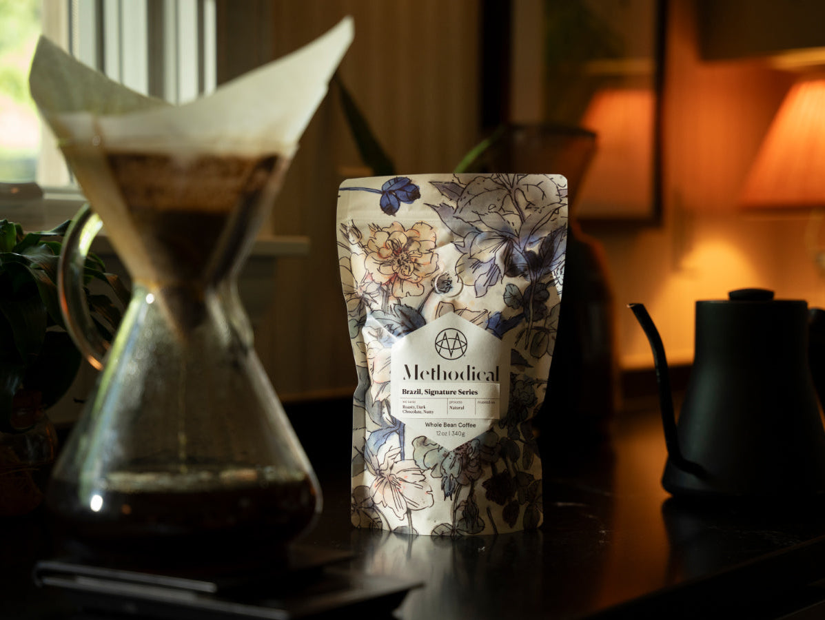 Bag of Methodical coffee and pour over brewing coffee