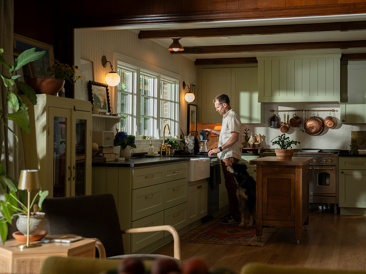 home coffee setup green kitchen